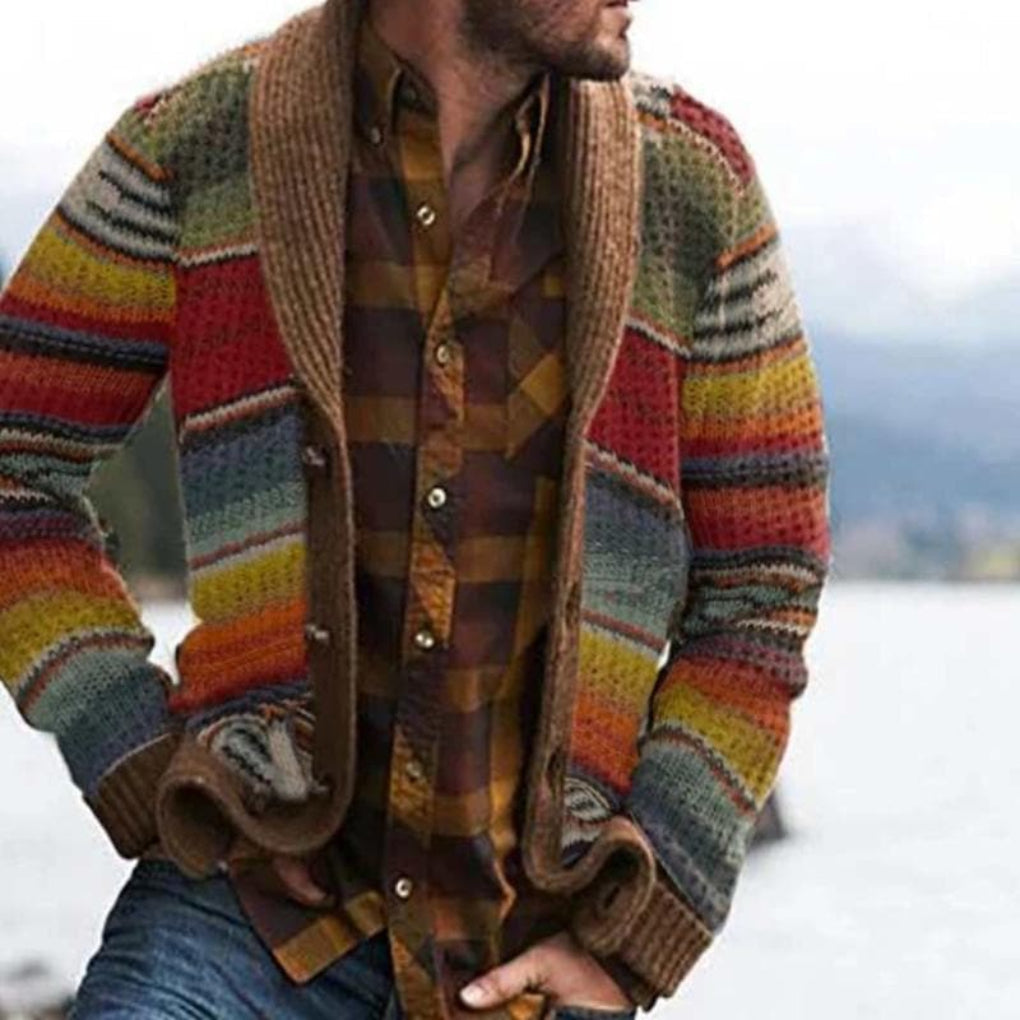 Relaxed fit men's striped cardigan, an open-front colorful statement piece for modern casual wear & layering.