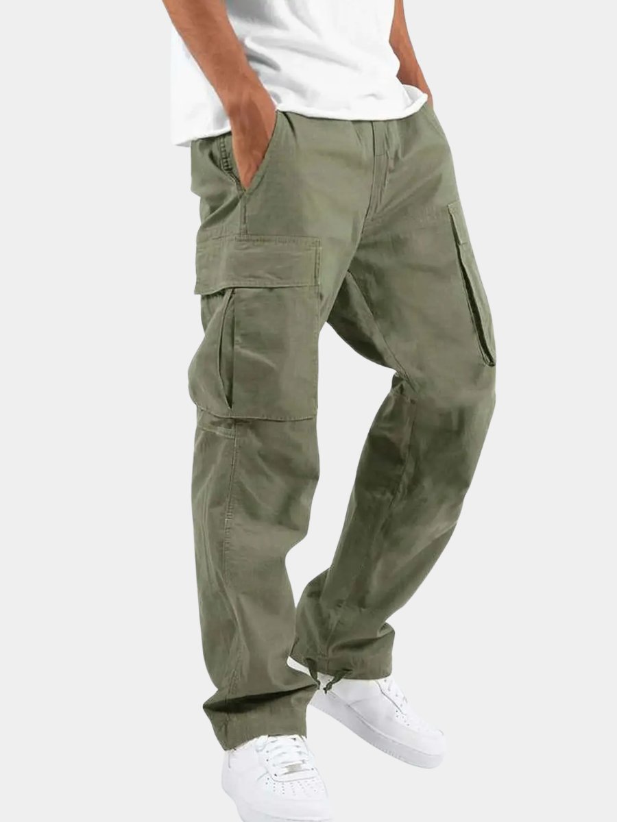 Men's comfortable black cargo pants with drawstring waist & multiple utility pockets, perfect for casual wear.