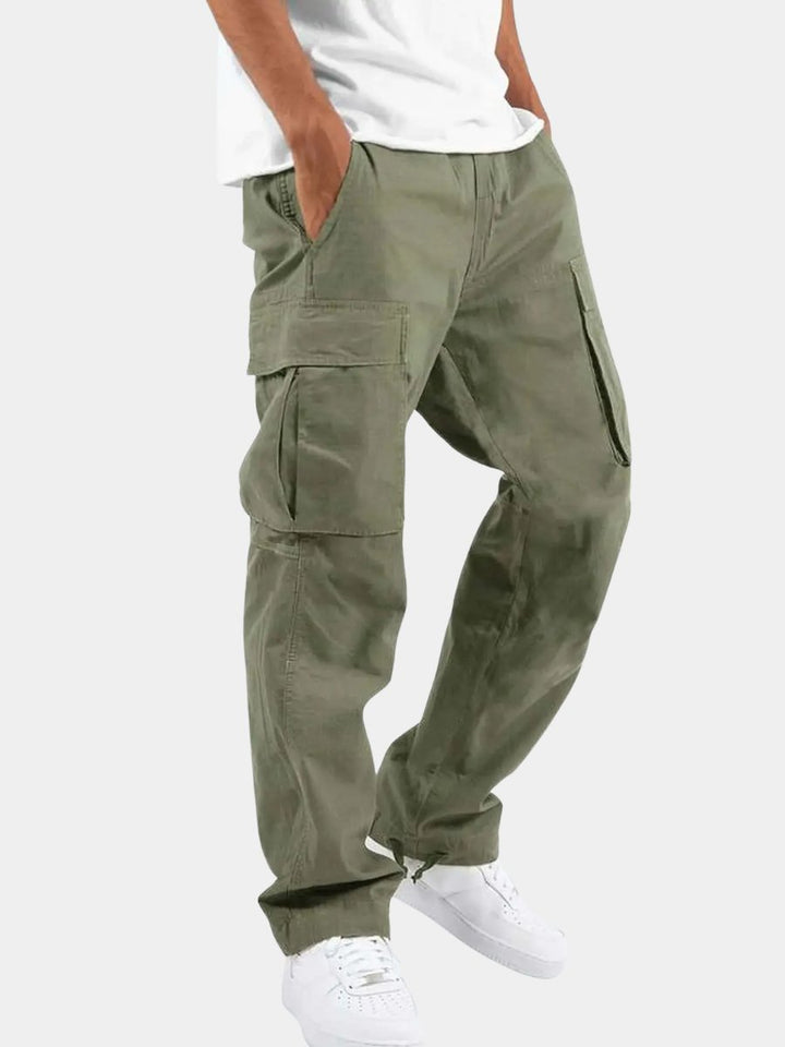 Men's comfortable black cargo pants with drawstring waist & multiple utility pockets, perfect for casual wear.