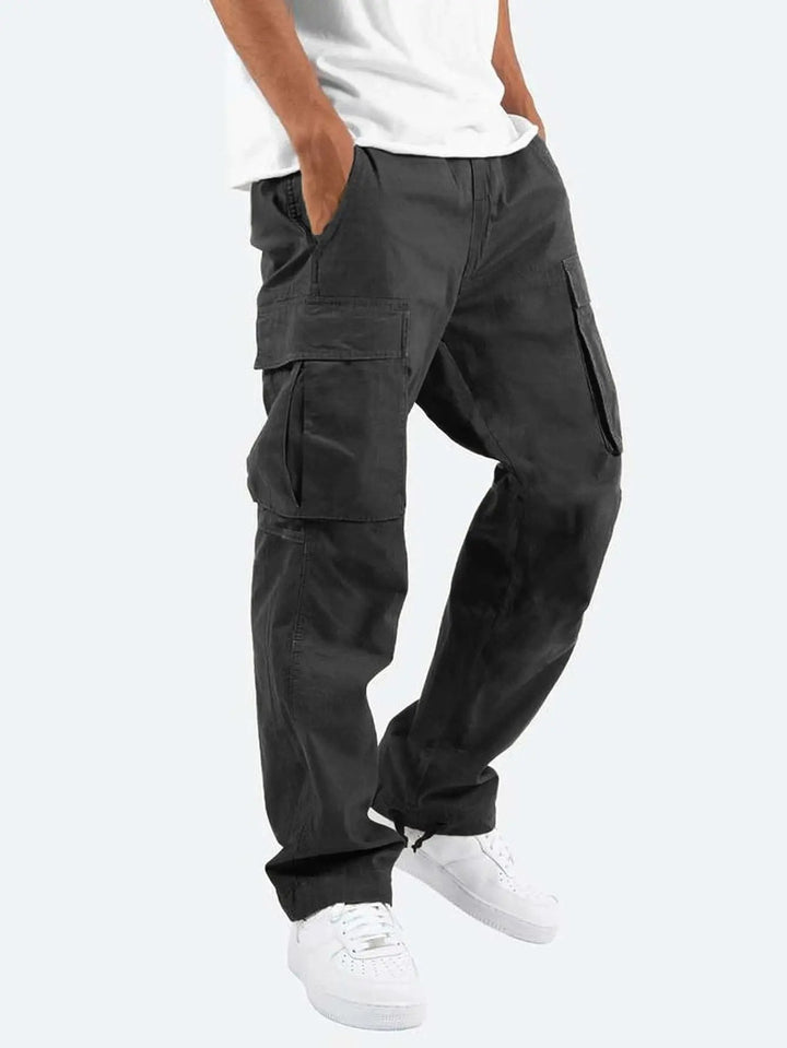 Stylish streetwear cargo pants for men, designed with comfortable drawstring waist and practical deep pockets.