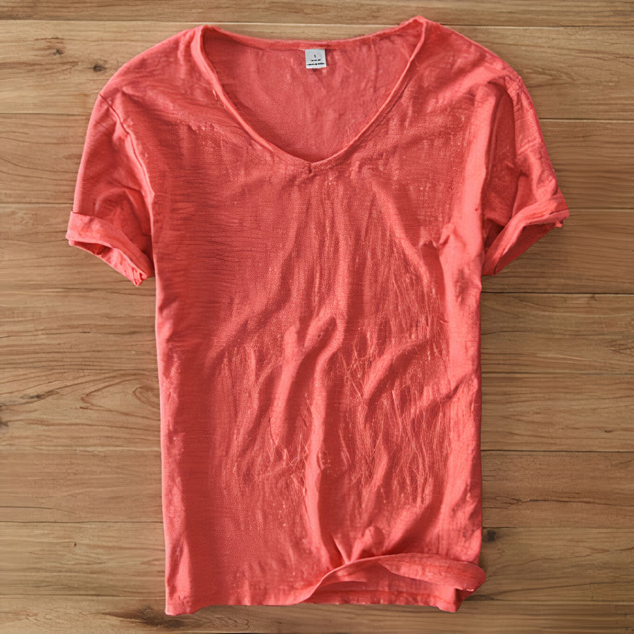 Soft, breathable men's V-neck t-shirt, ideal for casual summer wear & vacation comfort.