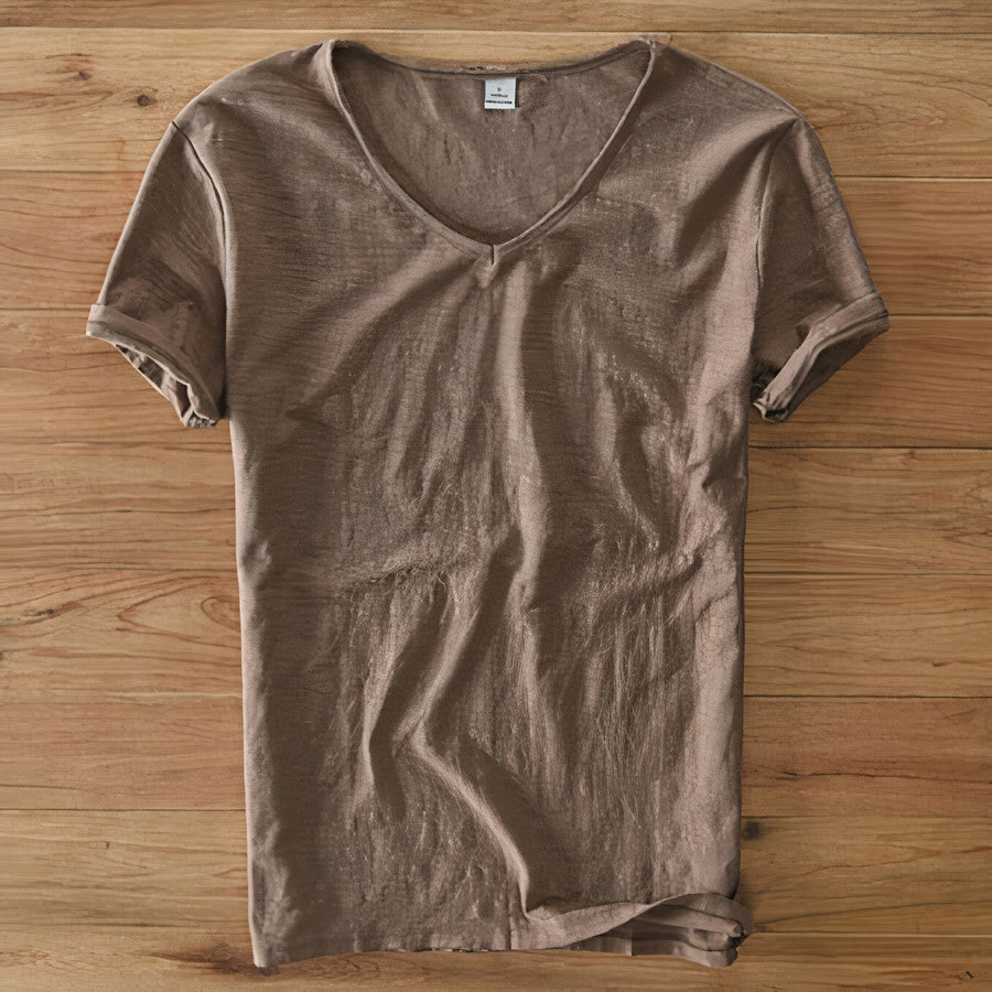 Men's versatile V-neck t-shirt for comfortable vacation style and casual summer activities.