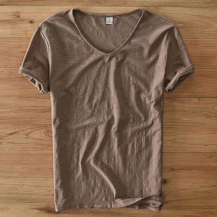 Men's versatile V-neck t-shirt for comfortable vacation style and casual summer activities.