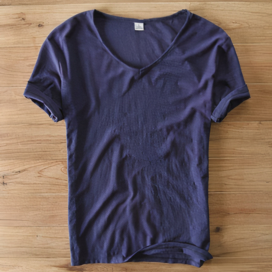 Classic men's casual V-neck t-shirt with short sleeves, perfect for summer relaxation.
