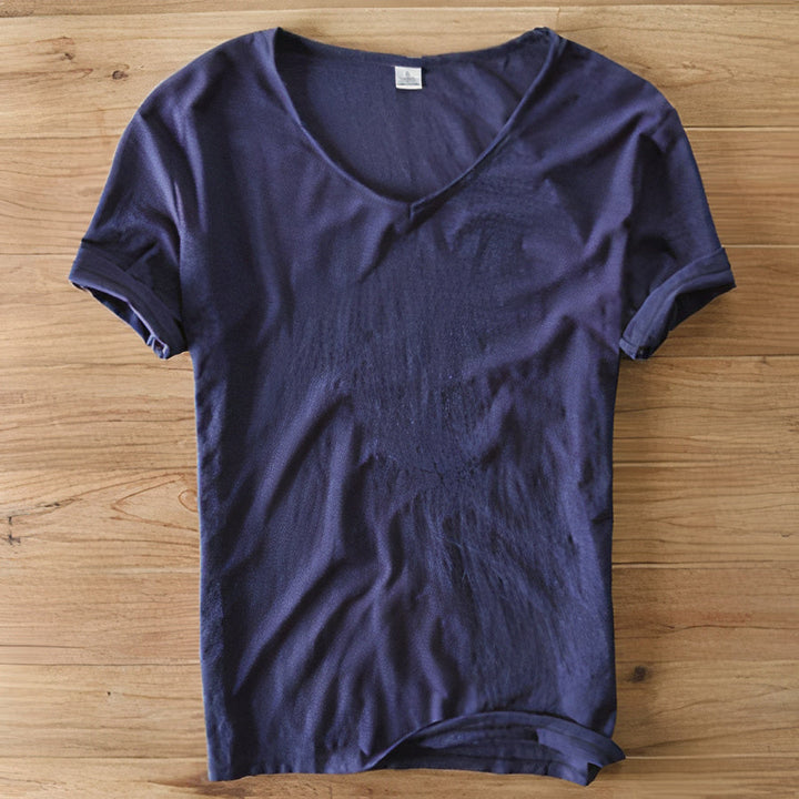 Classic men's casual V-neck t-shirt with short sleeves, perfect for summer relaxation.
