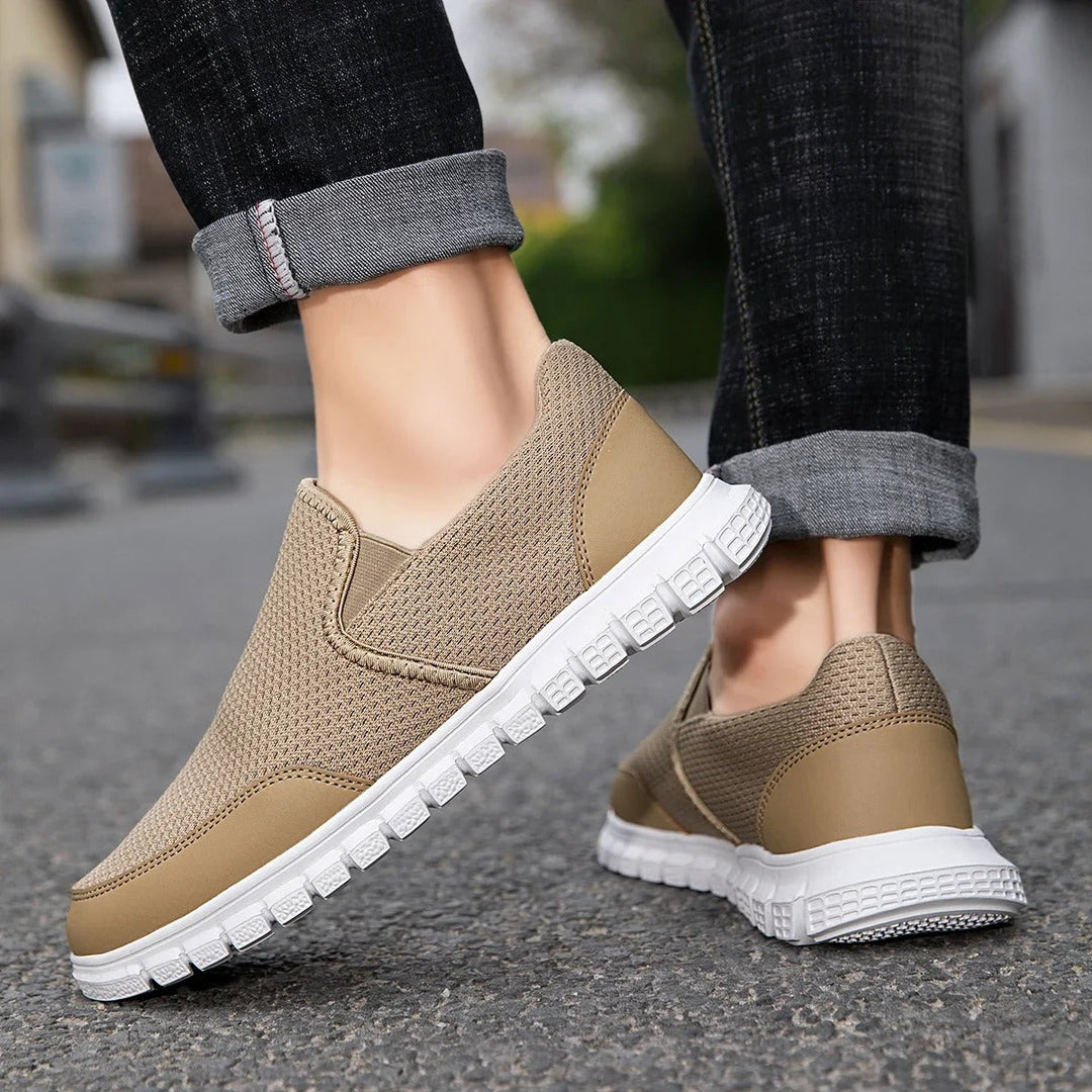 Men's casual slip-on loafers in khaki, emphasizing their easy-to-wear knit design and comfort.
