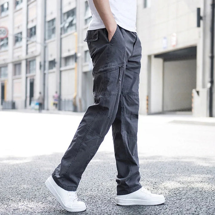 Khaki men's stretch cargo pants, offering comfort and durability for everyday wear and tactical use.