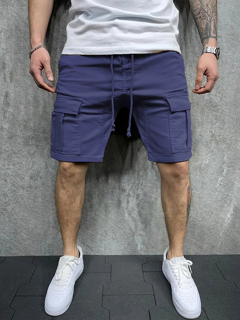 Men's comfy cargo drawstring shorts, perfect for casual summer wear & active lifestyles. Stylish utility pockets.