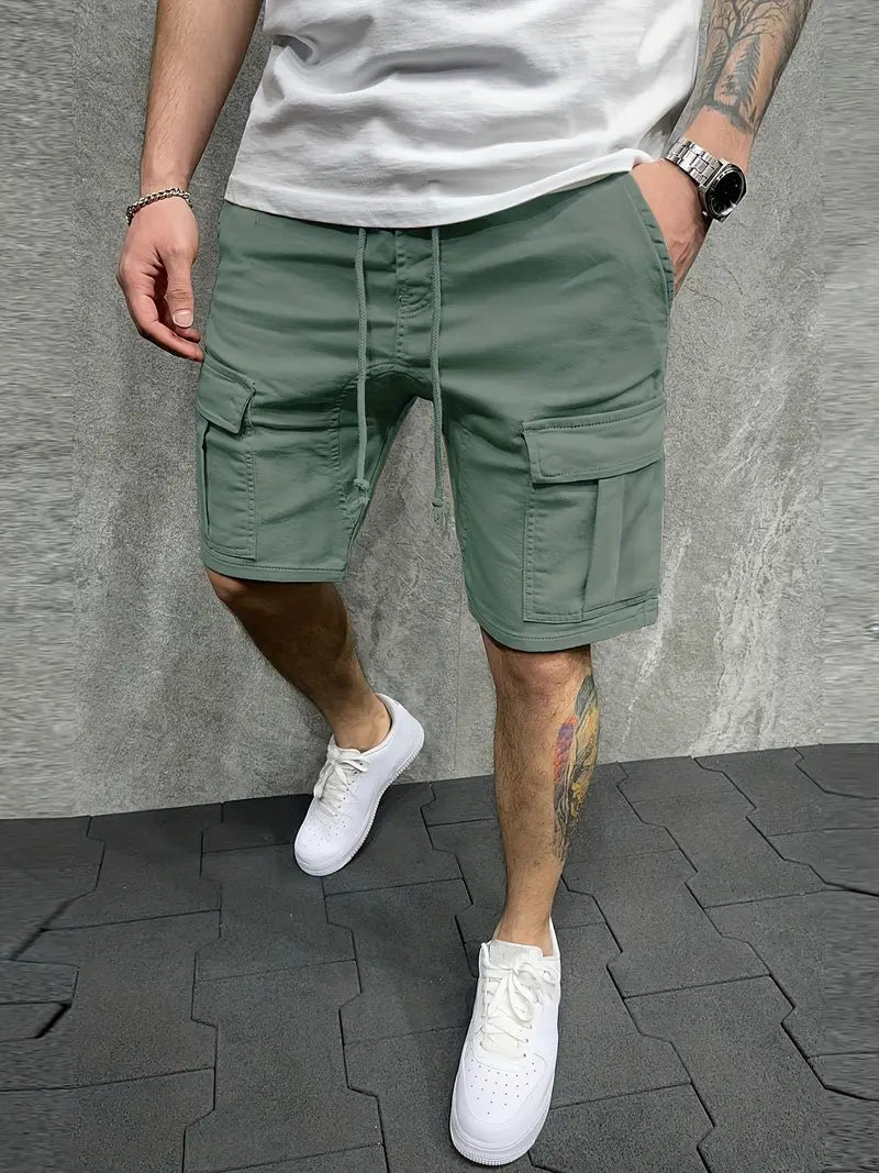 Casual men's cargo shorts with elastic drawstring waist. Great for everyday comfort & summer activewear.