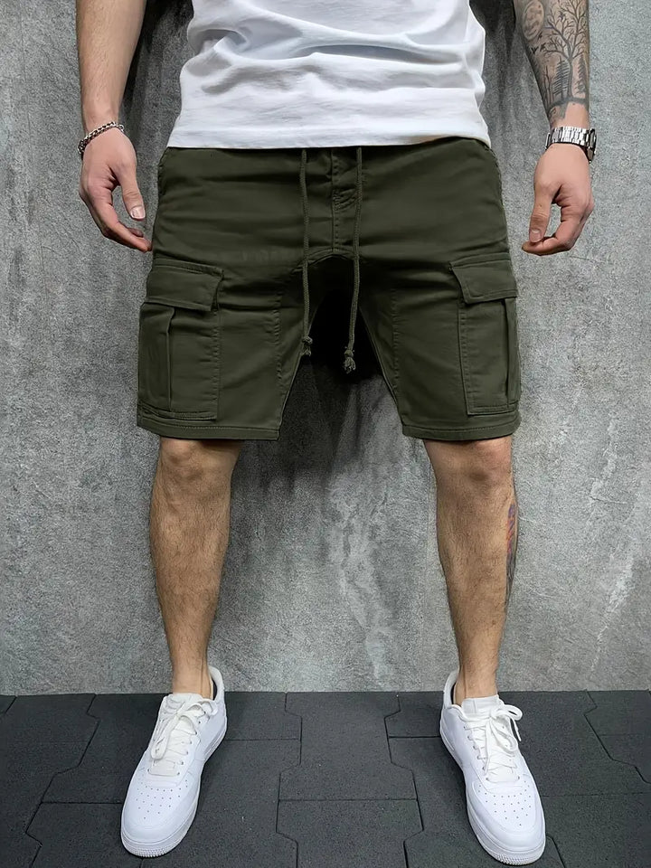 Men's stylish summer cargo shorts featuring a comfortable drawstring waist & practical utility pockets.
