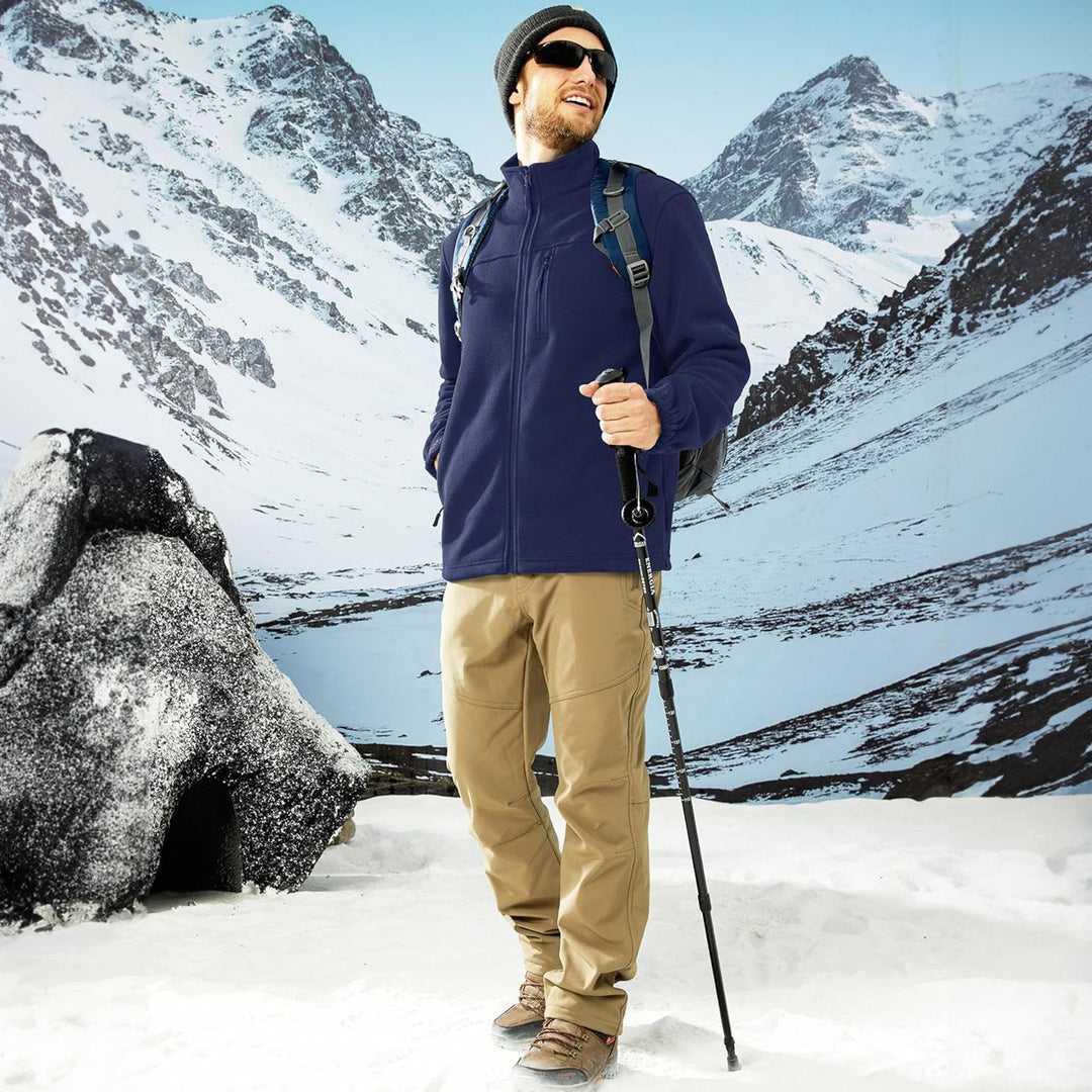 Classic men's black fleece zip-up jacket, a staple for cold weather
