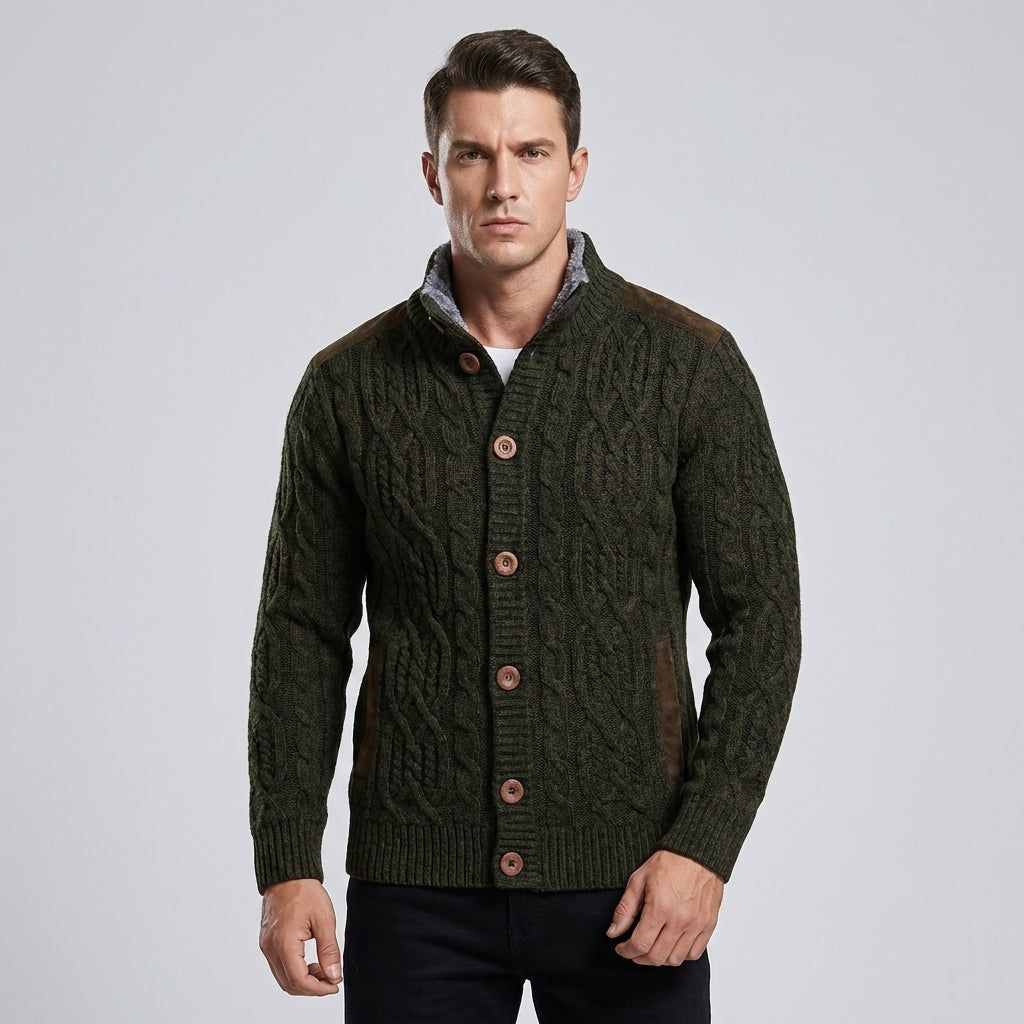 Men's cozy cable knit button-front cardigan, a warm long-sleeve sweater perfect for fall & winter layering.