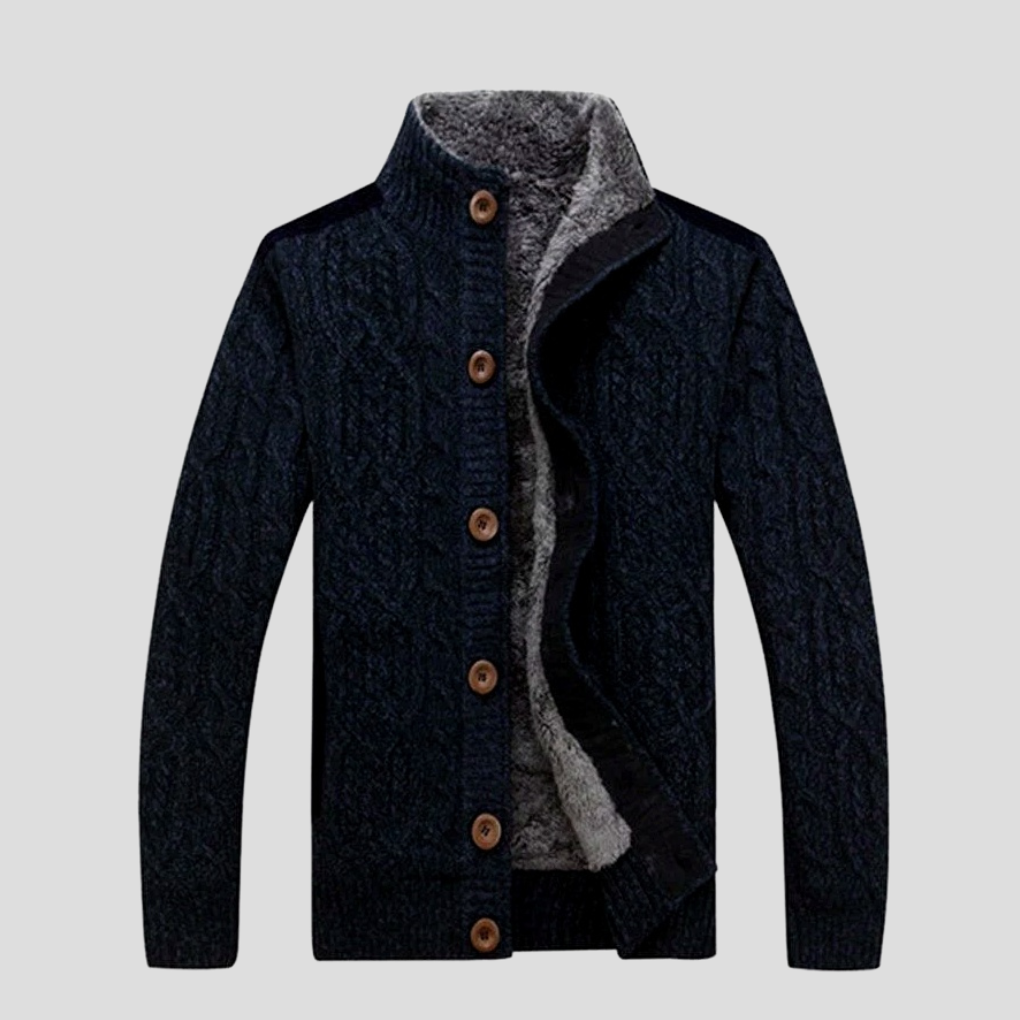 Comfortable men's long-sleeve cable knit cardigan, a cozy button-front sweater ideal for casual winter & fall outfits.