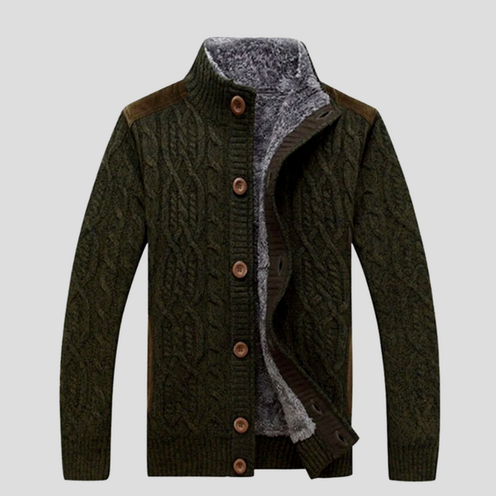 Textured cable knit men's cardigan featuring a classic button-front design for a warm, comfortable, layered look.