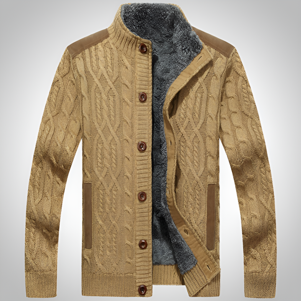 Men's cozy cable knit cardigan, perfect for winter warmth. Button-down, long sleeve, casual style.