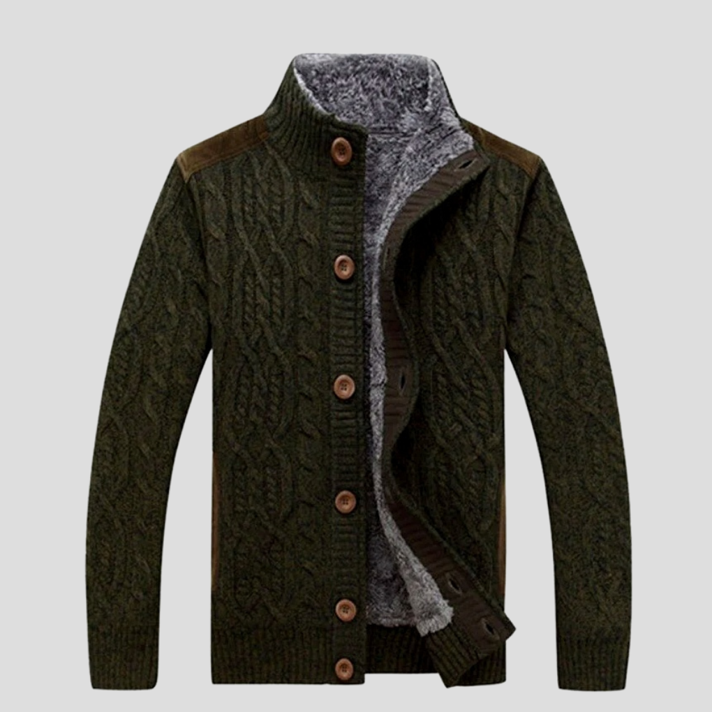 Warm men's cable knit cardigan. Long sleeve, button-down for winter fashion & cozy cold weather style.