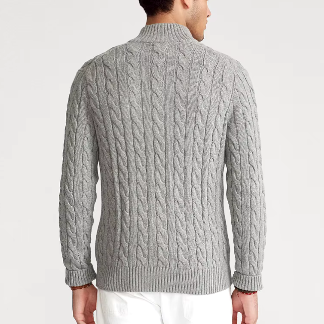 Stylish men's half-zip cable knit sweater. A warm and cozy top, excellent for winter layering.
