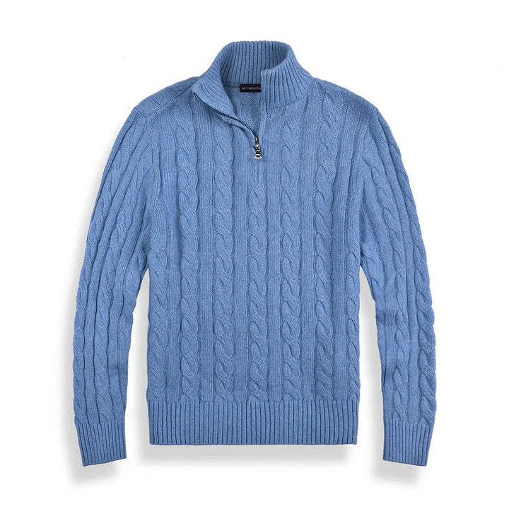 Cozy men's cable knit half-zip sweater, a versatile warm layer for winter and casual outfits.
