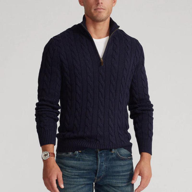 Close-up of a men's half-zip cable knit sweater, showcasing warm texture and stylish design.