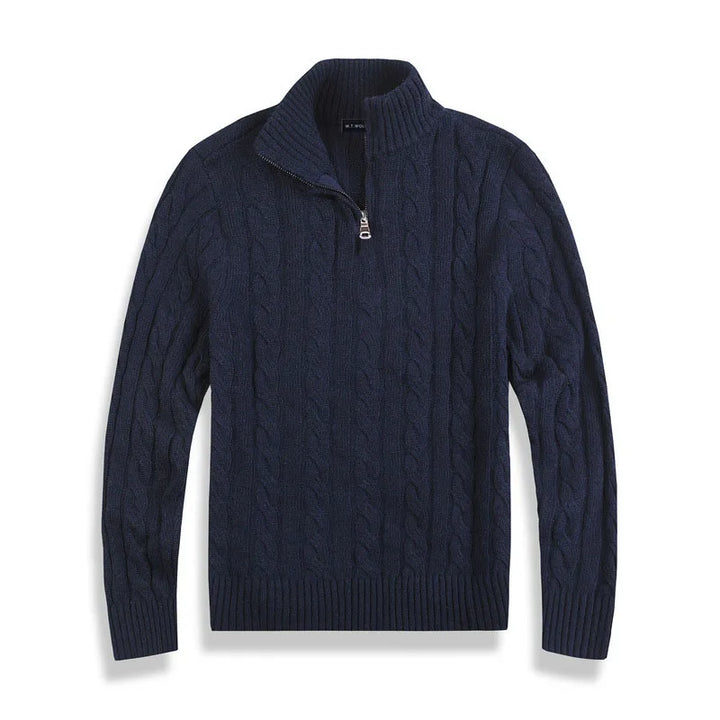 Man wearing a cozy men's cable knit half-zip sweater, perfect for winter layering & casual fashion.