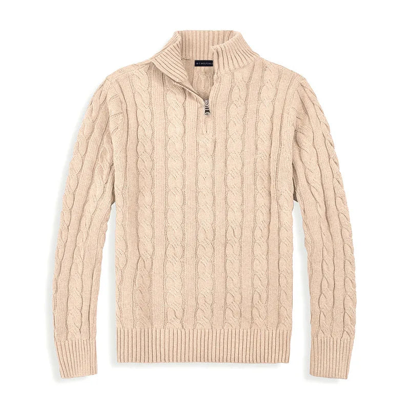 Warm men's half-zip sweater with detailed cable knit pattern, a cozy pullover for winter style.