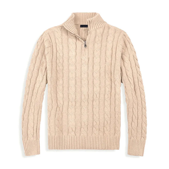 Warm men's half-zip sweater with detailed cable knit pattern, a cozy pullover for winter style.