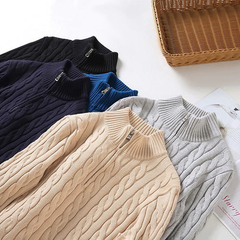 Men's stylish half-zip cable knit sweater, providing ultimate warmth and comfort for cold weather.