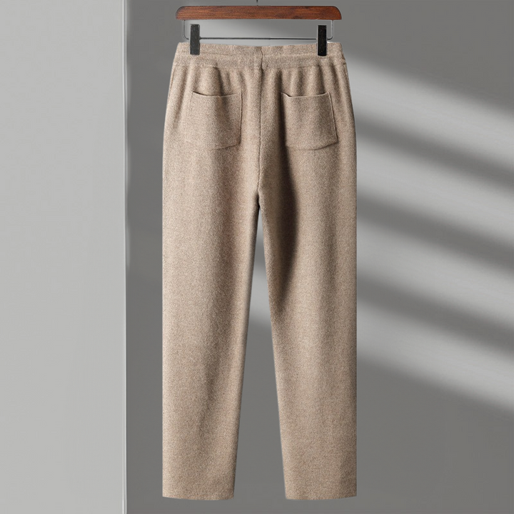 Close up on the leg cuff of men's cozy merino blend lounge pants, demonstrating quality finish.