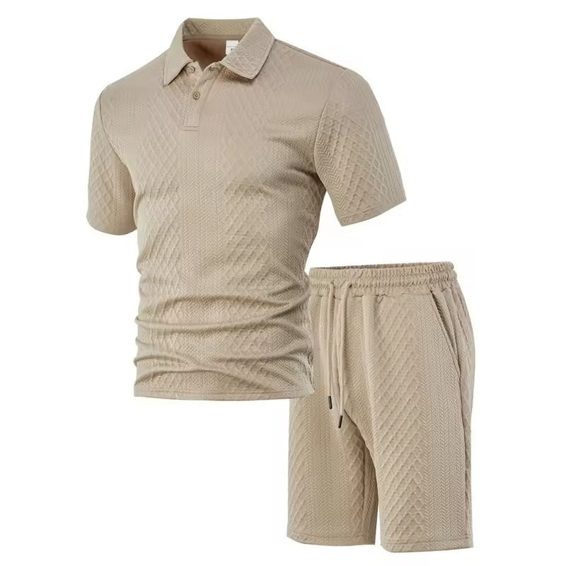 Men's cream knit polo shirt and shorts set, a comfortable and stylish textured loungewear outfit for summer casual wear.