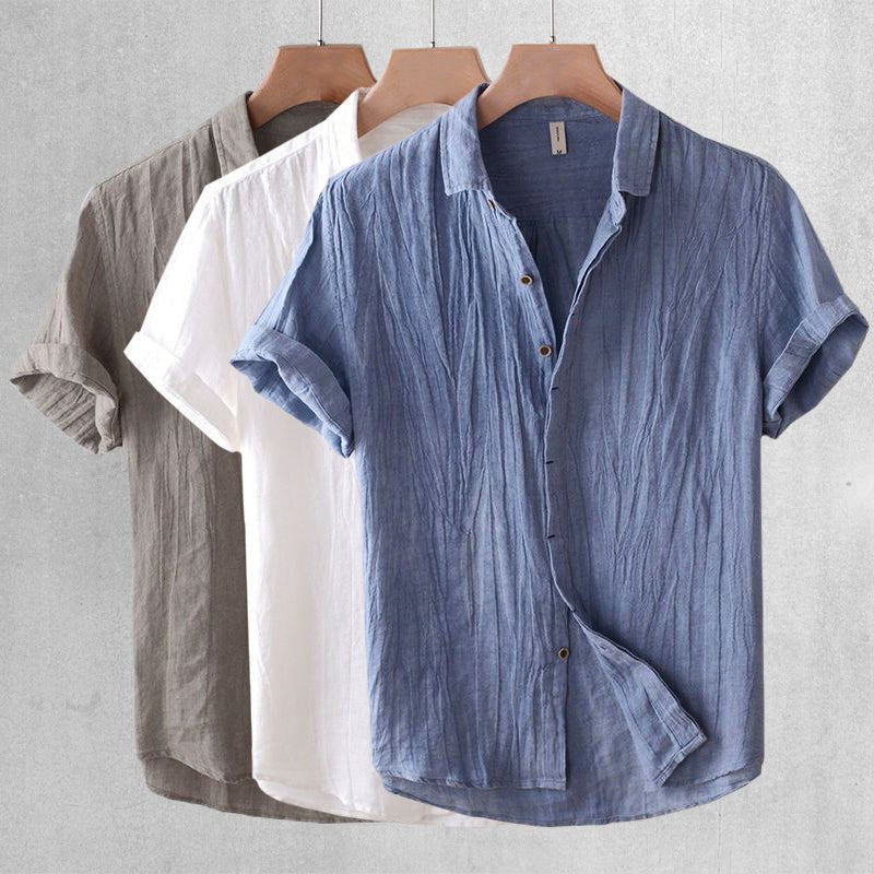 Men's crinkle short sleeve shirt, relaxed fit, perfect for casual summer wear.
