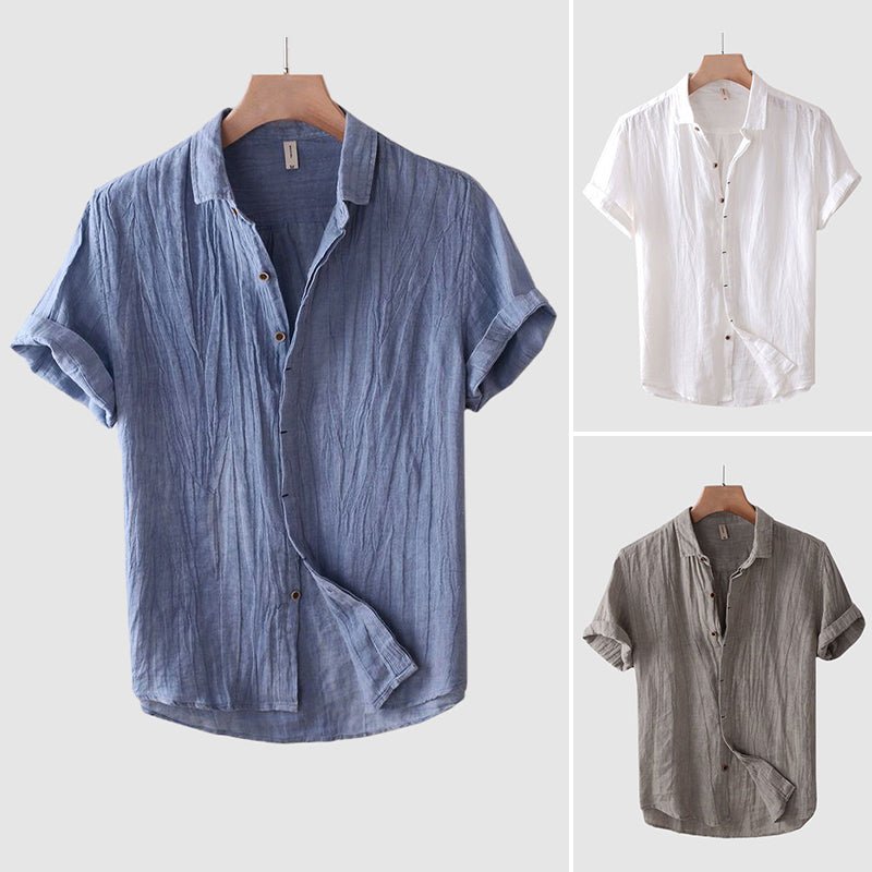 Versatile men's short sleeve crinkle button-down shirt, great for casual or smart-casual outfits.