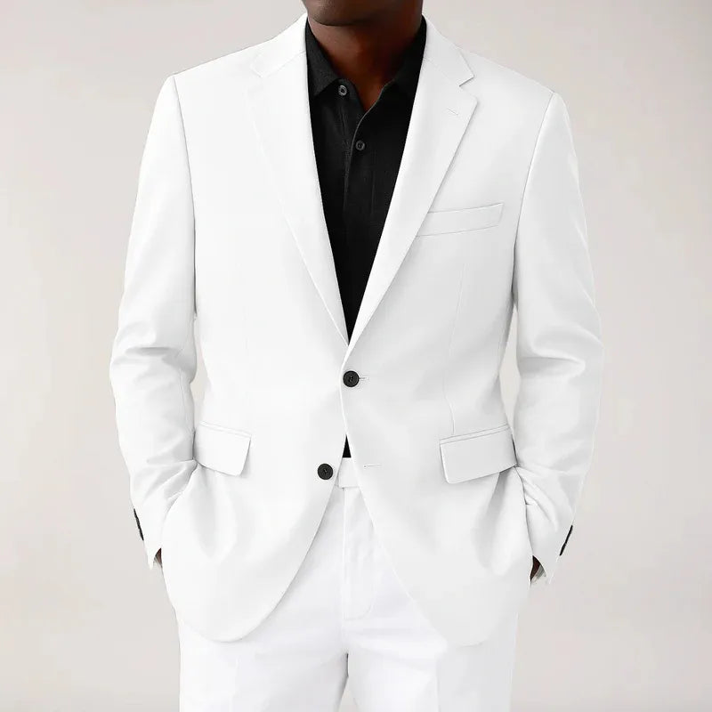 Men's crisp white two-button blazer with notch lapel, perfect for formal events, business, or stylish smart casual wear.
