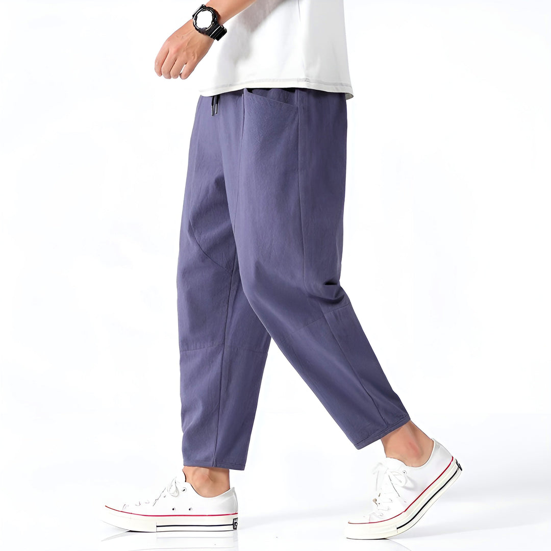 Men's cropped drawstring chino pants, comfortable & stylish for casual wear.