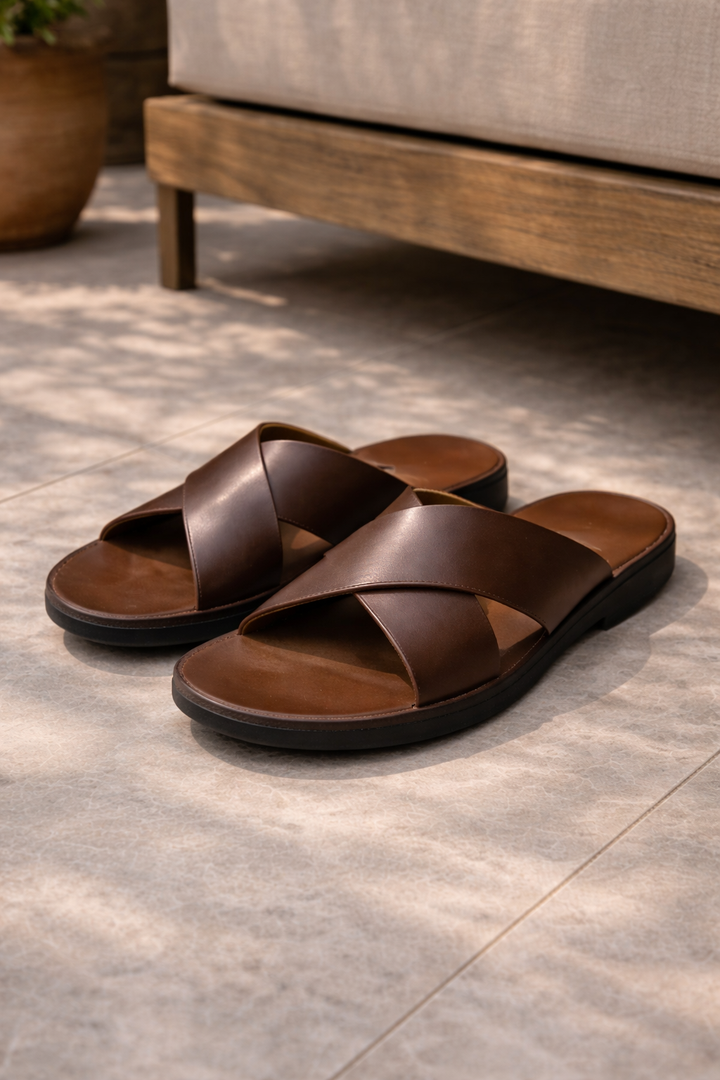 Men's cross strap slide sandals for effortless summer comfort. Open-toe, easy slip-on casual footwear.