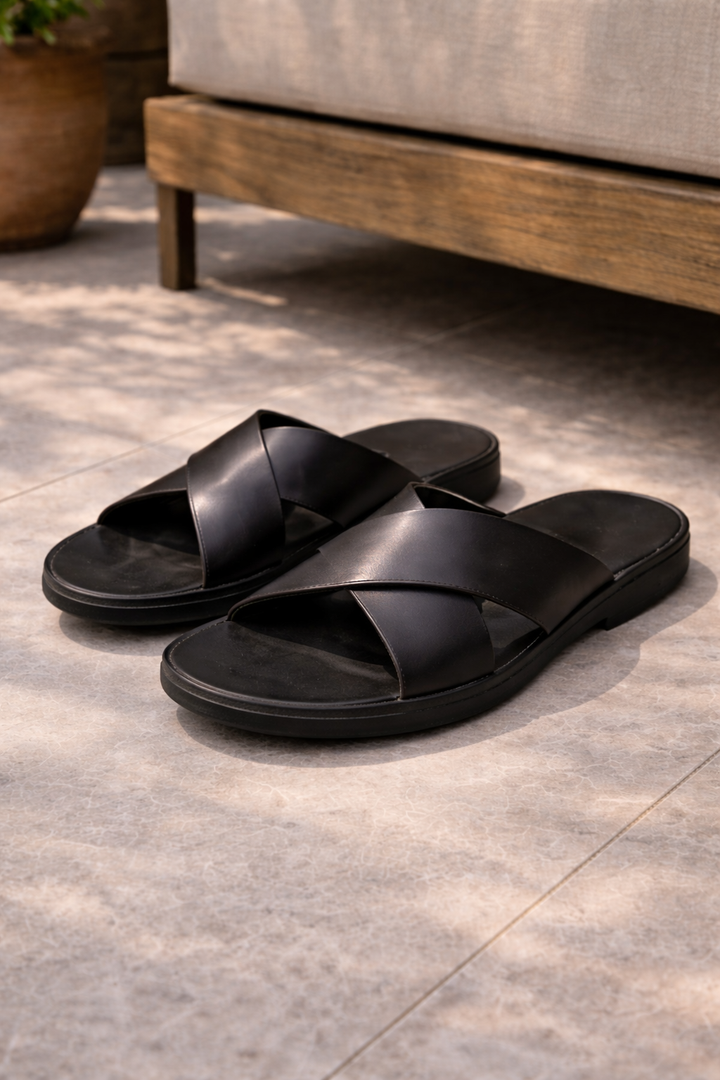 Comfortable men's cross strap slides, perfect for beach, vacation, & casual summer outings. Easy slip-on design.