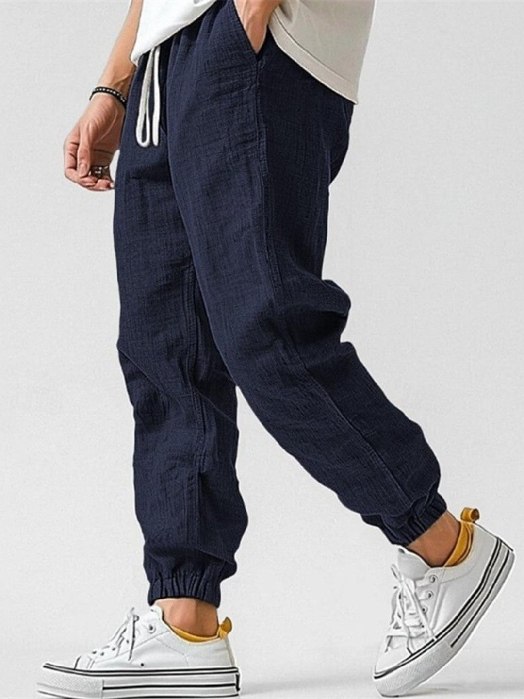 Men's relaxed fit joggers for spring & summer. Cuffed trackpants perfect for travel & casual outings.
