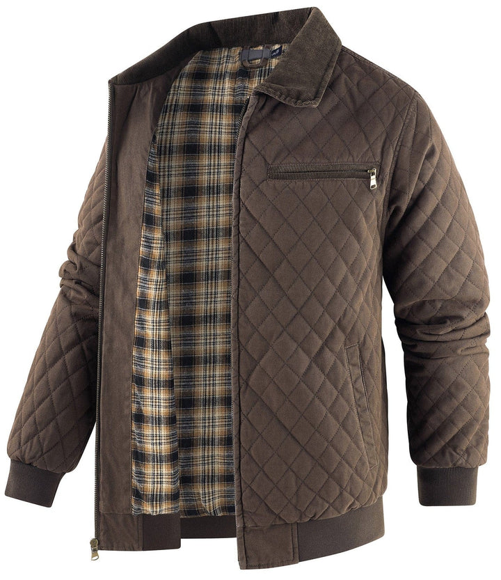 Contemporary diamond quilted bomber jacket for men, featuring a soft corduroy collar.