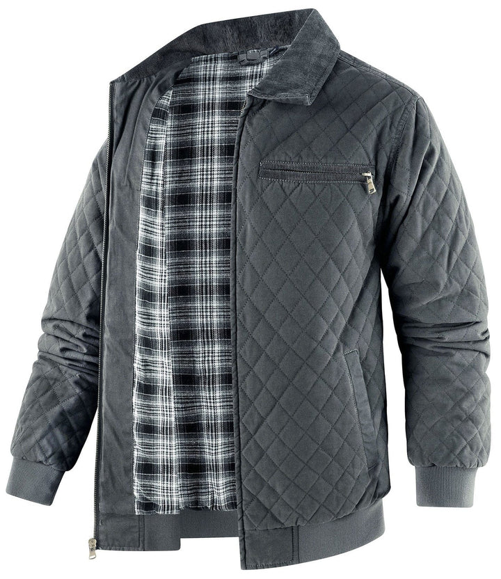 Men's designer quilted bomber jacket with a corduroy collar, for an elevated casual look.