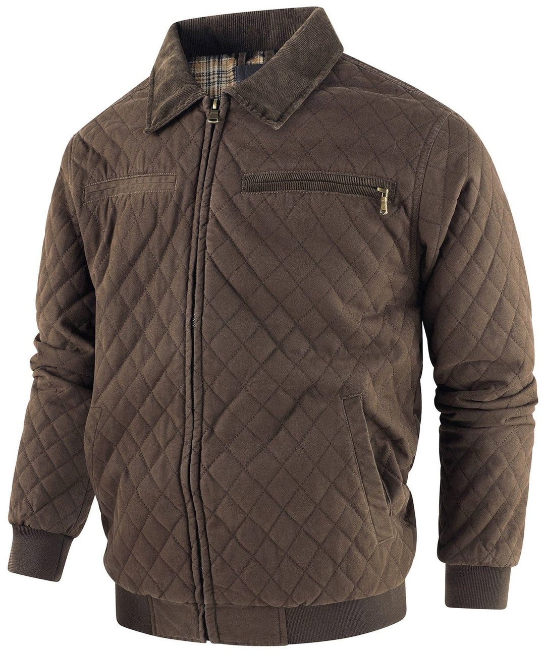 Sophisticated men's quilted bomber jacket, complete with a classic corduroy collar.