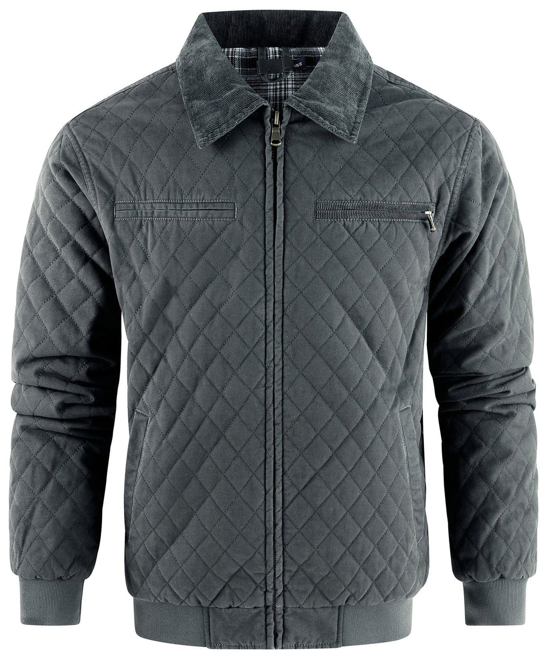 Classic men's diamond quilted bomber jacket with a corduroy collar, a timeless piece.