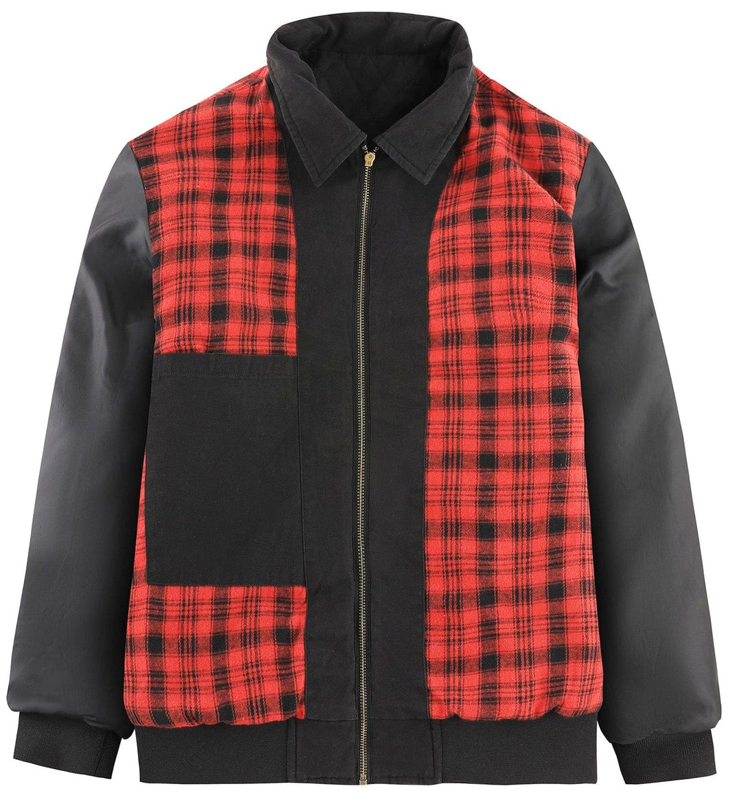 Close-up of a men's diamond quilted bomber jacket, highlighting the corduroy collar texture.