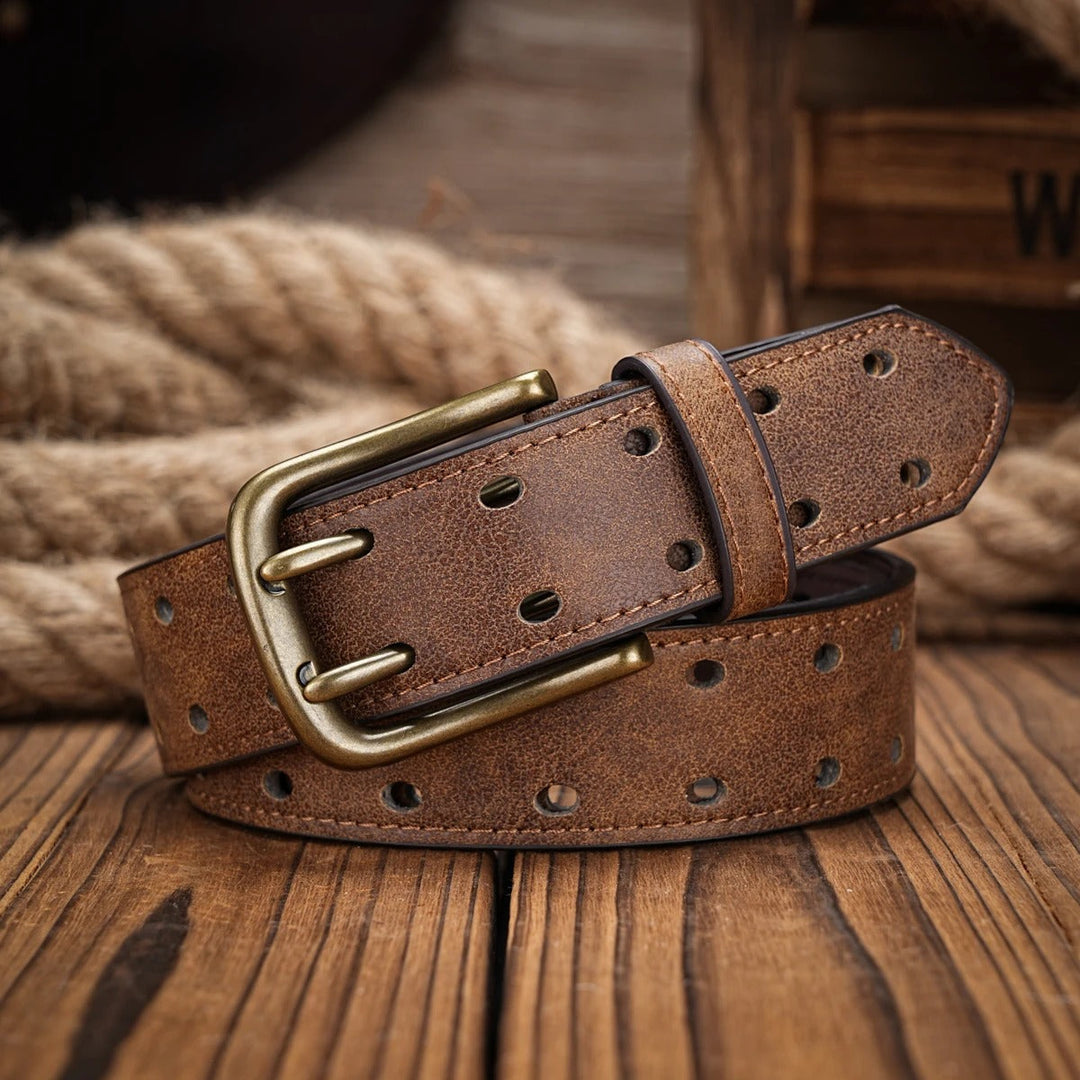 Dark brown men's leather belt featuring a distressed finish and intricate perforated patterns, buckle detail.