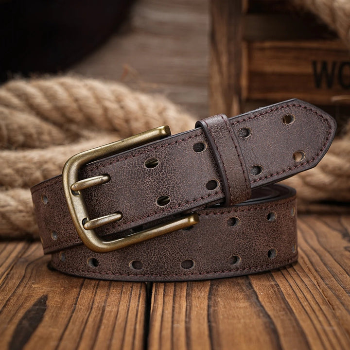 Stylish men's perforated leather belt in an authentic distressed brown, perfect for workwear and jeans.