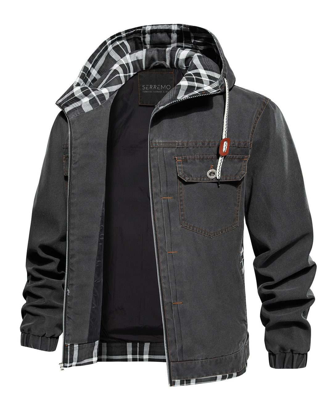 Men's Distressed Canvas Urban Jacket, front view, rugged casual outerwear with plaid hood