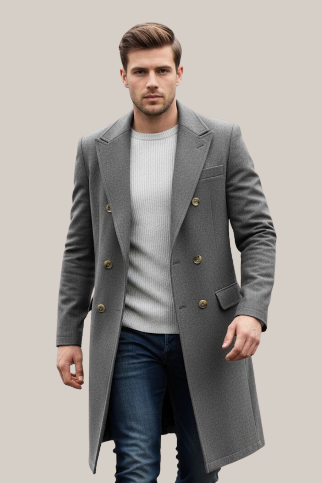 Men's double-breasted long trench coat, ideal for formal business attire & smart casual autumn fashion.