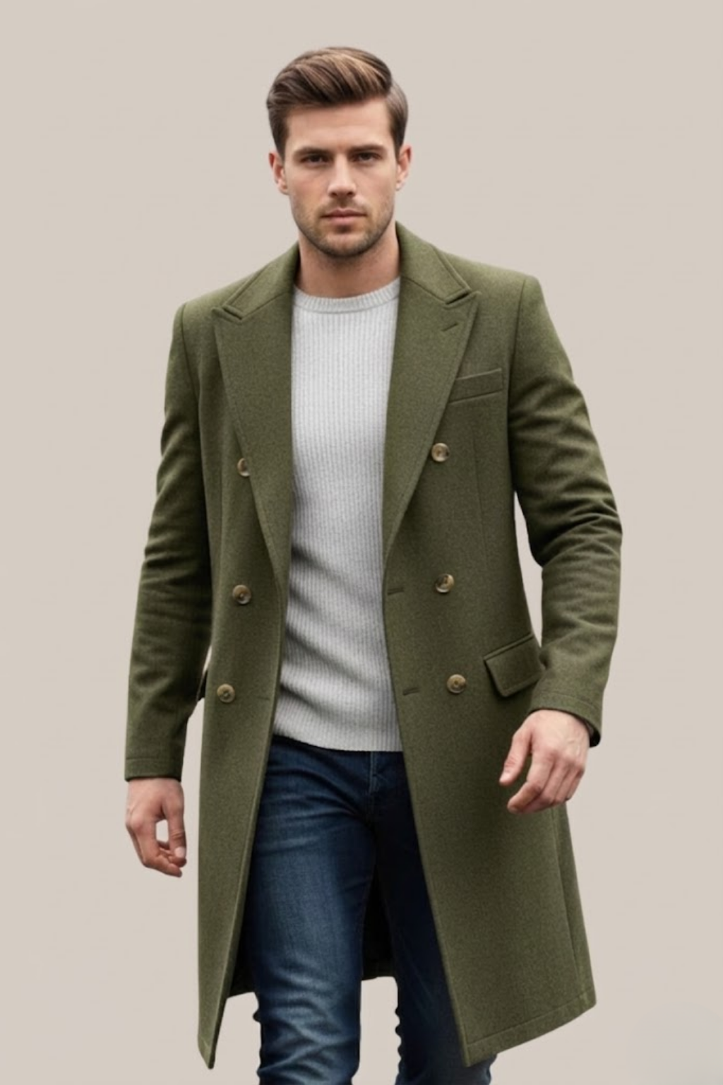 Elegant men's long trench coat. A classic double-breasted design for sophisticated formal or smart casual outerwear.