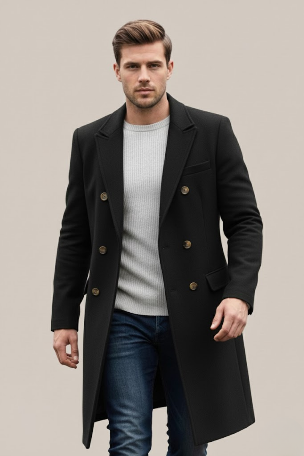 Stylish men's double-breasted long coat. A formal trench coat perfect for business attire & cold weather fashion.