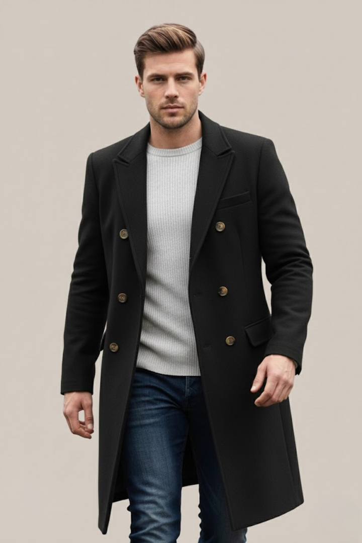 Stylish men's double-breasted long coat. A formal trench coat perfect for business attire & cold weather fashion.