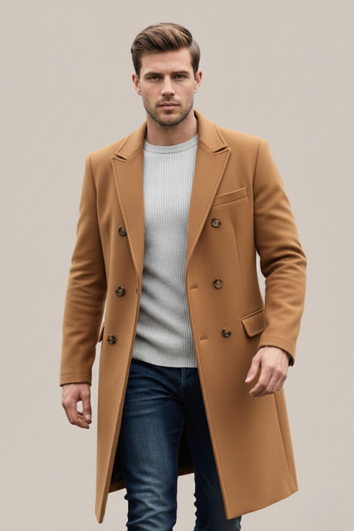 Versatile men's long double-breasted trench coat. Perfect for formal wear, smart casual style, & autumn fashion.