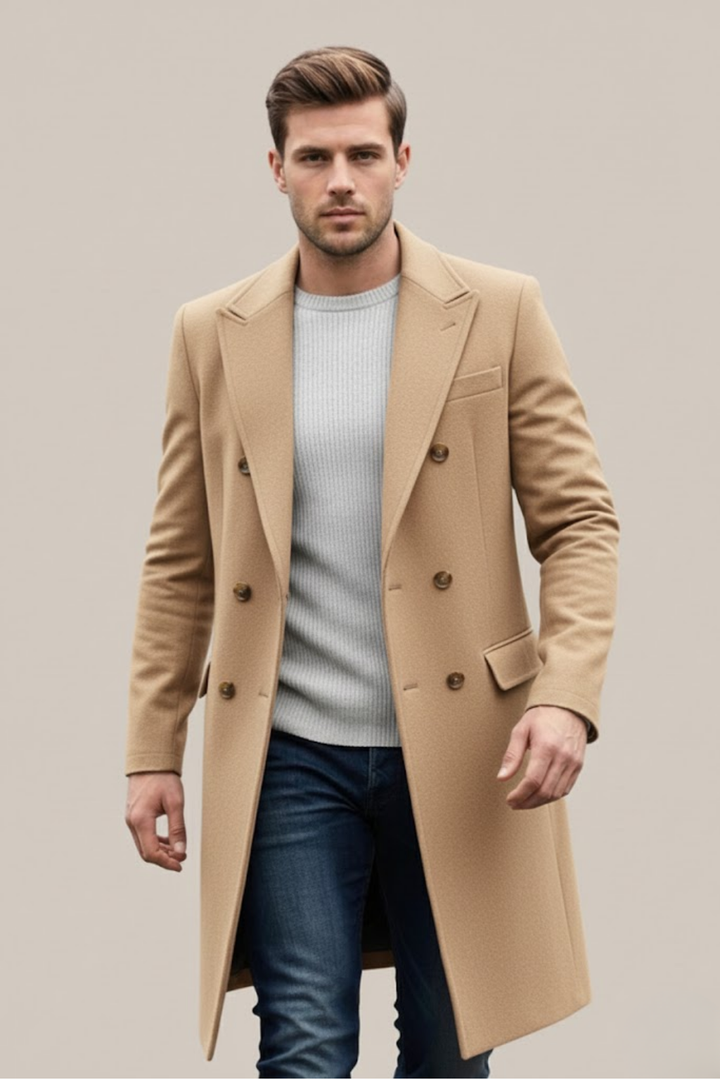 Classic men's double-breasted long trench coat, a sophisticated choice for formal events & elegant winter fashion.